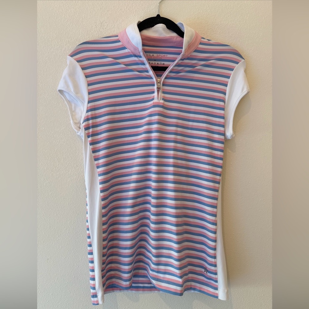 NWOT LOHLA SPORT Striped Pink and Blue Short Sleeve Top size medium